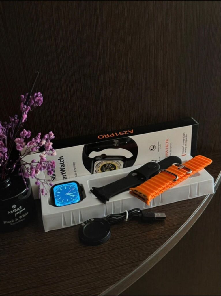 high quality smartwatch with 2 different straps colors orange and black